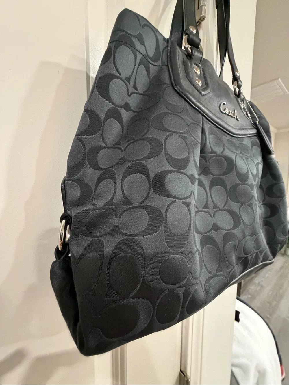 Vintage Coach Ashley Signature Convertible Black Jacquard Tote with Leather Trim